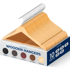 10-Pack Wooden Coat Hangers - Durable, Space-Saving, 360° Swivel Hook Natural<SereneLife