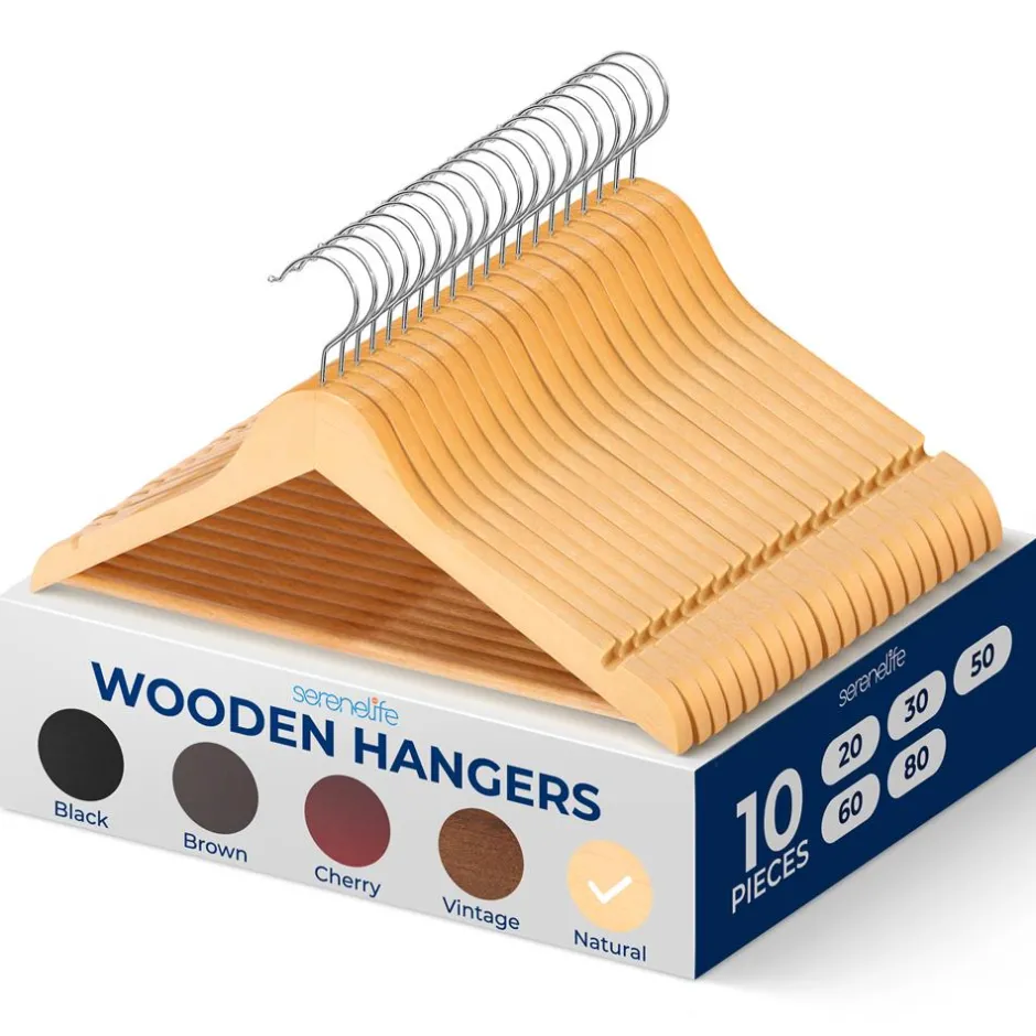 10-Pack Wooden Coat Hangers - Durable, Space-Saving, 360° Swivel Hook Natural<SereneLife