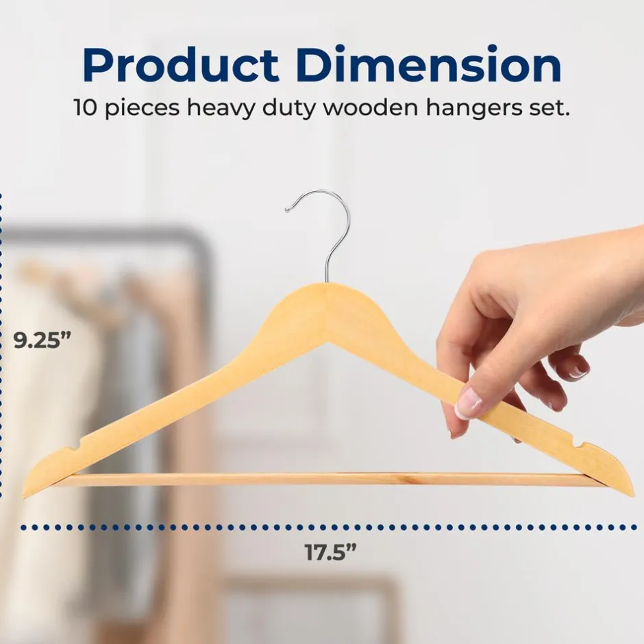10-Pack Wooden Coat Hangers - Durable, Space-Saving, 360° Swivel Hook Natural<SereneLife