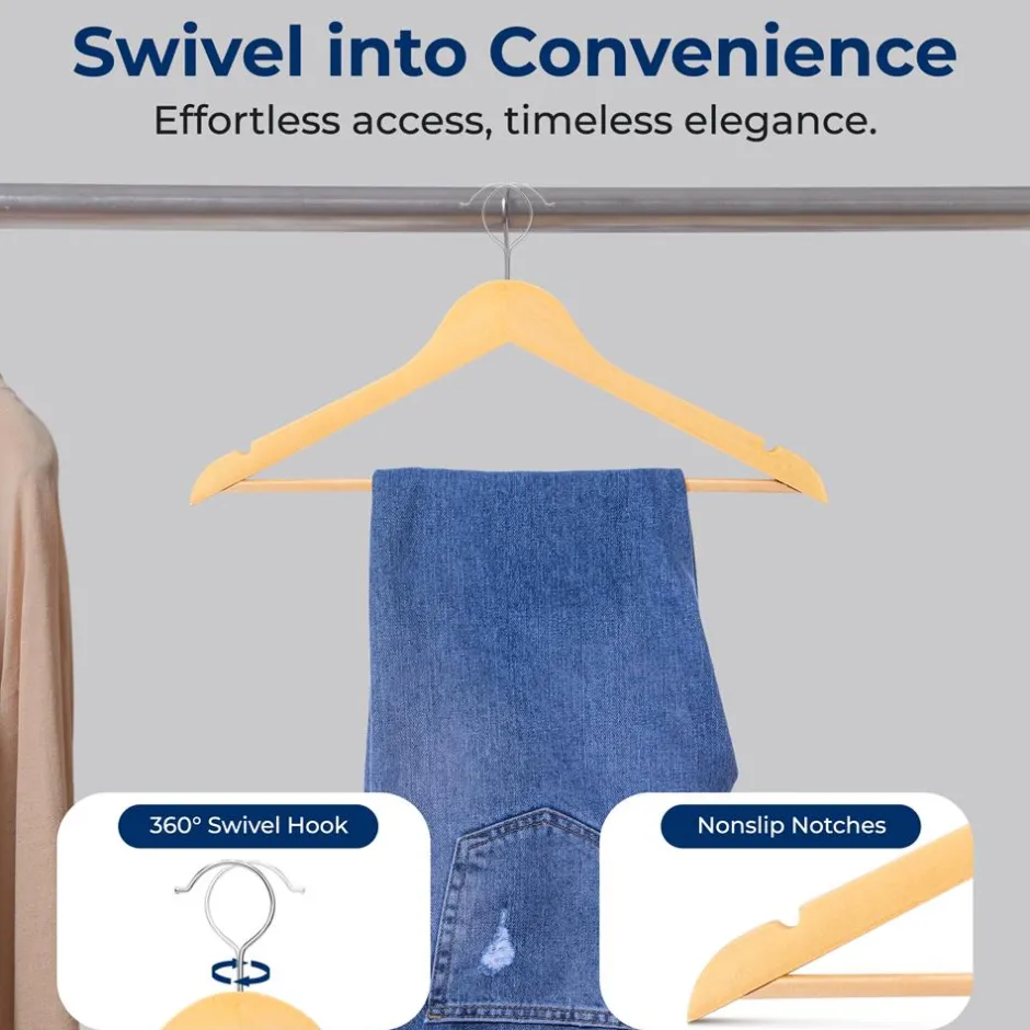 10-Pack Wooden Coat Hangers - Durable, Space-Saving, 360° Swivel Hook Natural<SereneLife