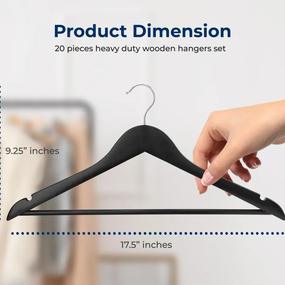 20-Pack Wooden Hangers, Heavy-Duty, 360° Swivel Hook, Black<SereneLife Hot