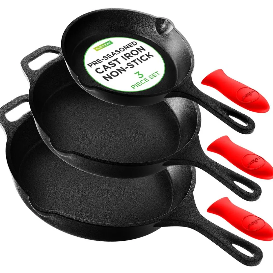 3pc Cast Iron Skillet Set - Nonstick, Even Heat, Silicone Handles<NutriChef Sale