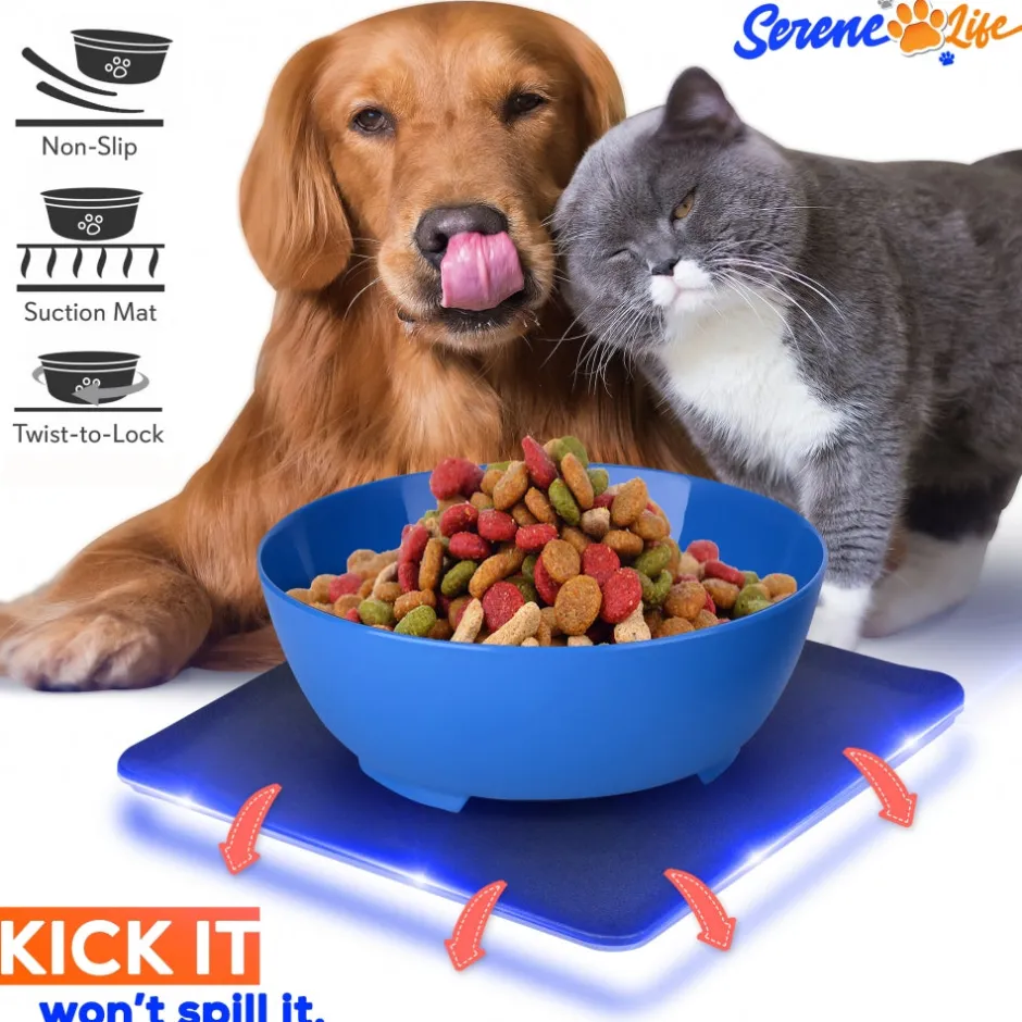 Pet Bowl & Mat Set, Mess-Free Feeding, Non-Slip, Easy Clean, Blue<SereneLife Sale