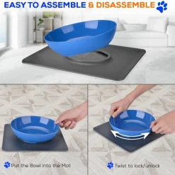 Pet Bowl & Mat Set, Mess-Free Feeding, Non-Slip, Easy Clean, Blue<SereneLife Sale