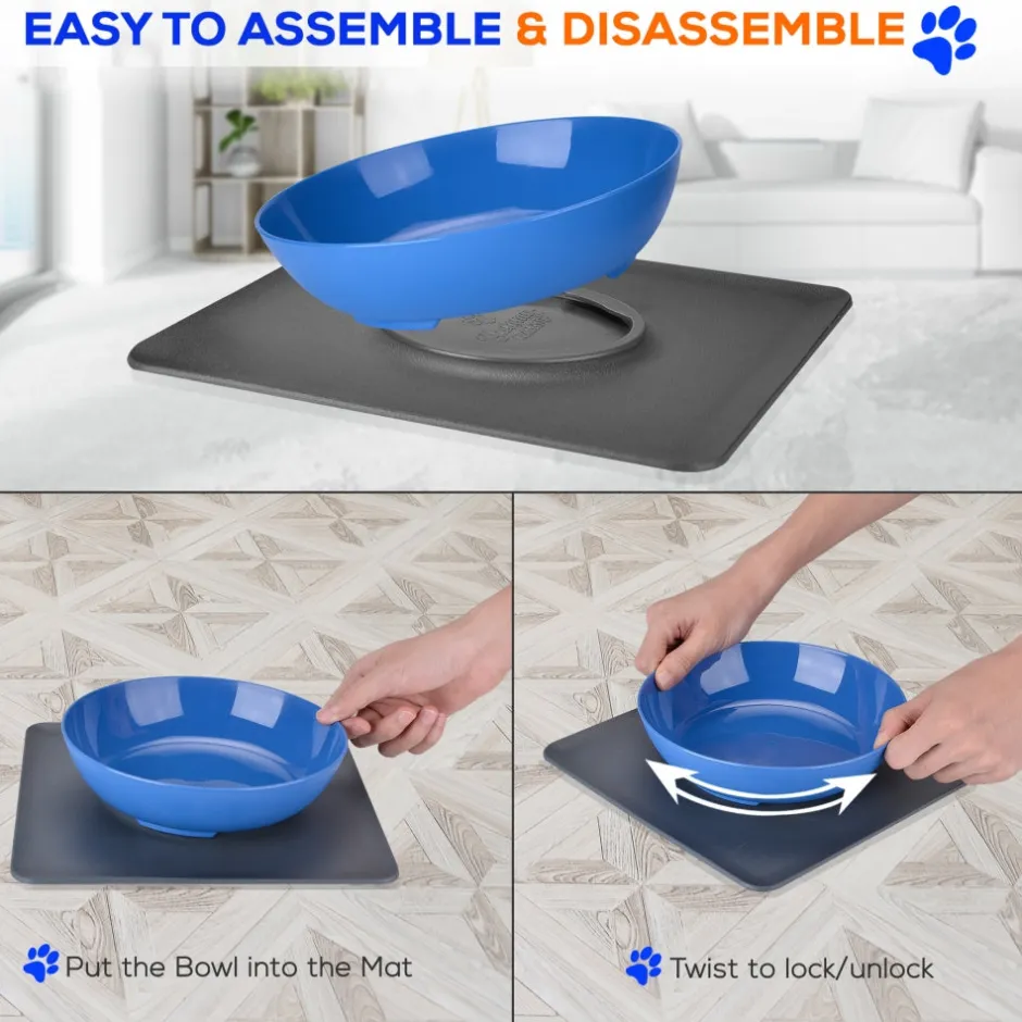 Pet Bowl & Mat Set, Mess-Free Feeding, Non-Slip, Easy Clean, Blue<SereneLife Sale