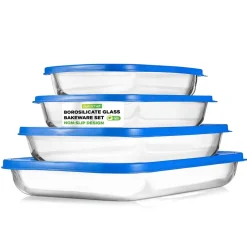 8-Piece Glass Bakeware Set, Stackable, Borosilicate, Blue Lids<NutriChef Online