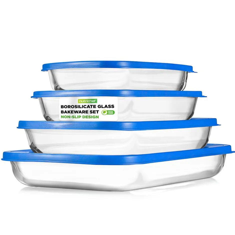 8-Piece Glass Bakeware Set, Stackable, Borosilicate, Blue Lids<NutriChef Online