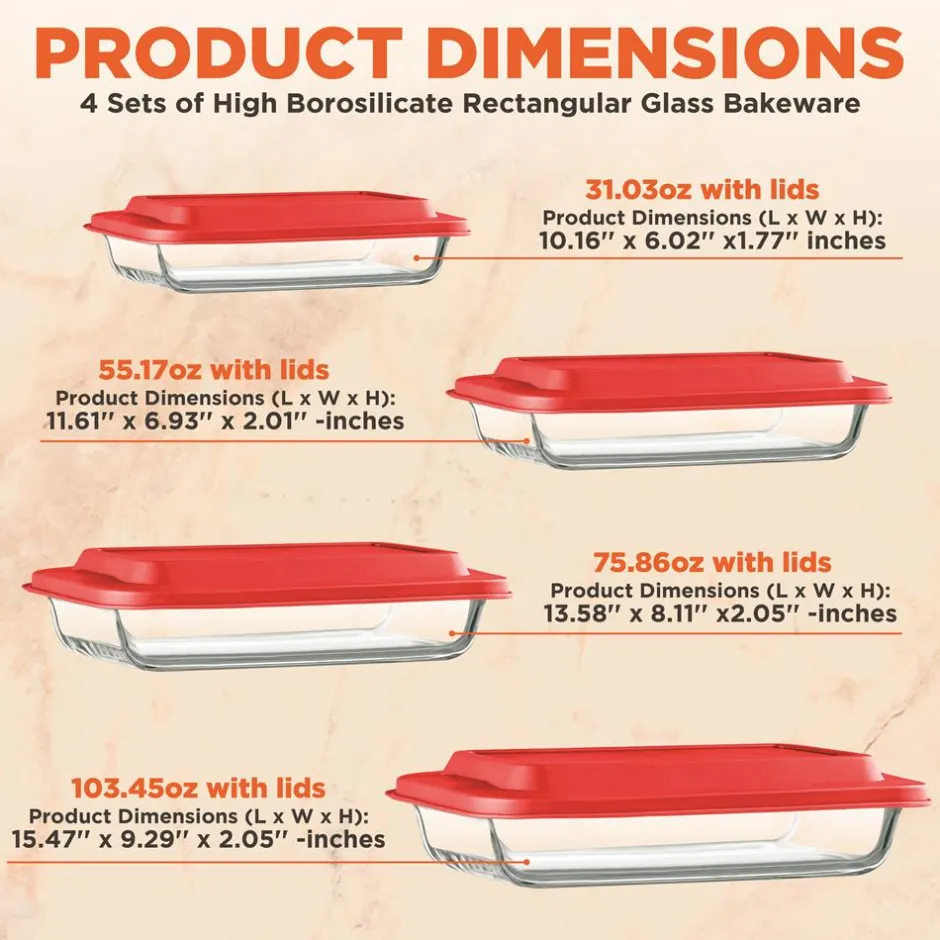 8-Piece Glass Baking Dish Set - Oven Safe, Borosilicate, Red<SereneLife Sale