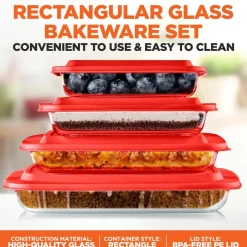8-Piece Glass Baking Dish Set - Oven Safe, Borosilicate, Red<SereneLife Sale