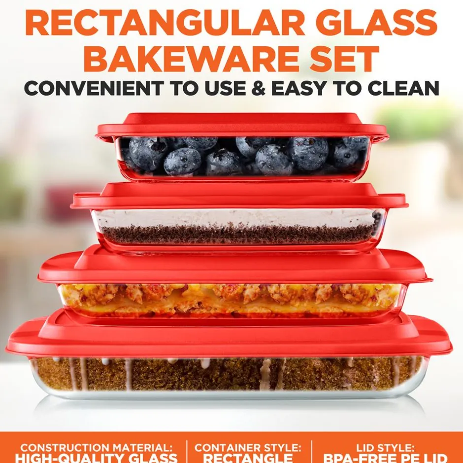 8-Piece Glass Baking Dish Set - Oven Safe, Borosilicate, Red<SereneLife Sale