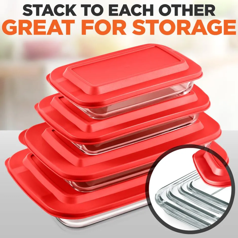 8-Piece Glass Baking Dish Set - Oven Safe, Borosilicate, Red<SereneLife Sale
