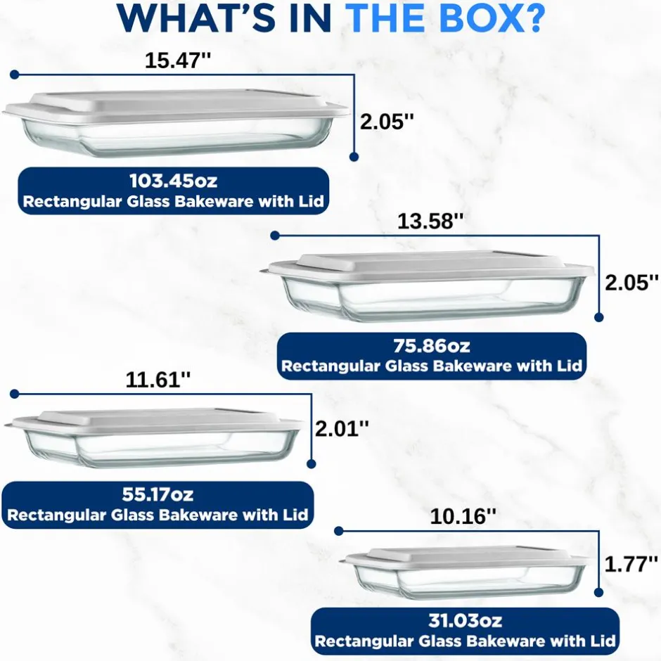 8-Piece Glass Baking Dish Set - Oven Safe, Borosilicate, White<SereneLife Online