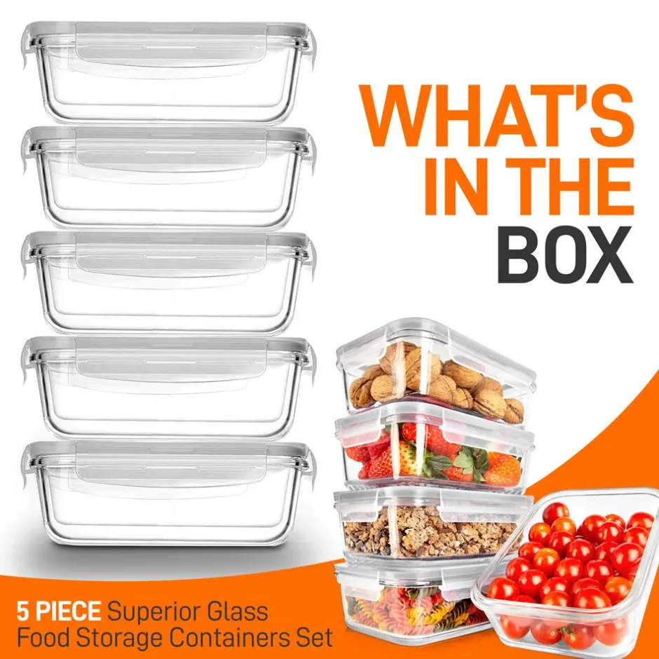10-Piece Glass Food Storage Set, Leak-Proof, Borosilicate, Gray<NutriChef New