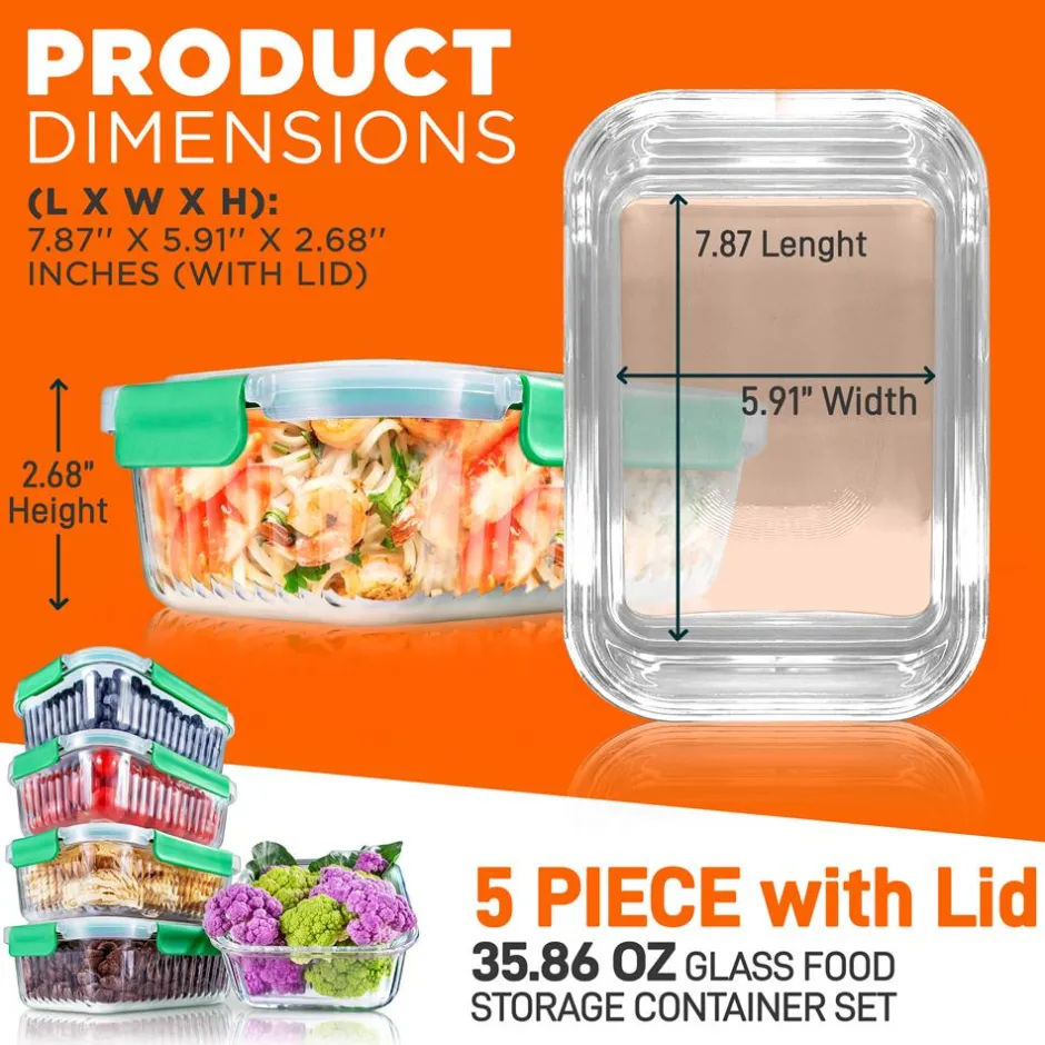10-Piece Glass Food Storage Set - Leakproof Airtight Lids, Oven Safe<NutriChef Clearance