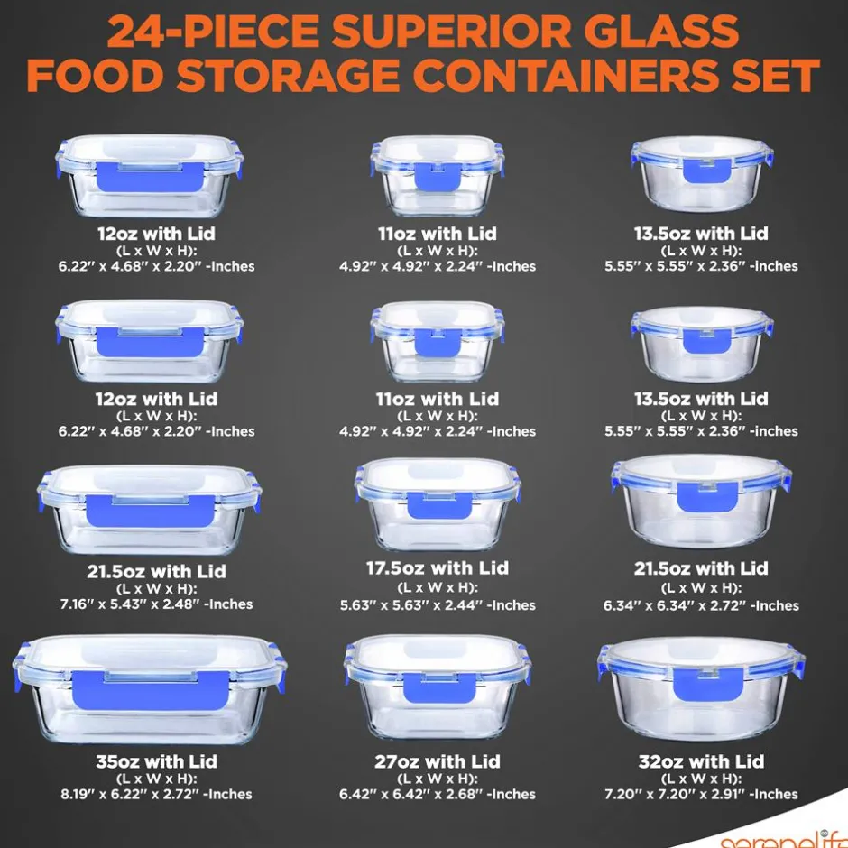 24-Piece Glass Storage Set, Leak-Proof, High Borosilicate, Blue<SereneLife Sale