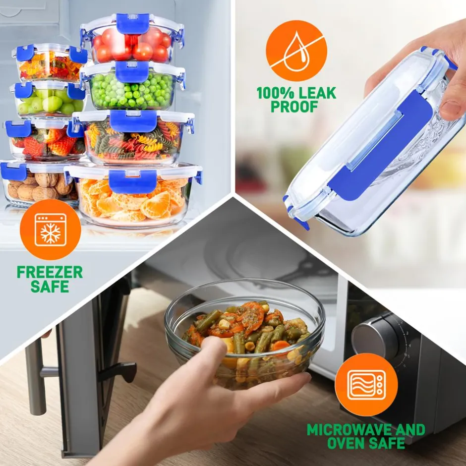 24-Piece Glass Storage Set, Leak-Proof, High Borosilicate, Blue<SereneLife Sale