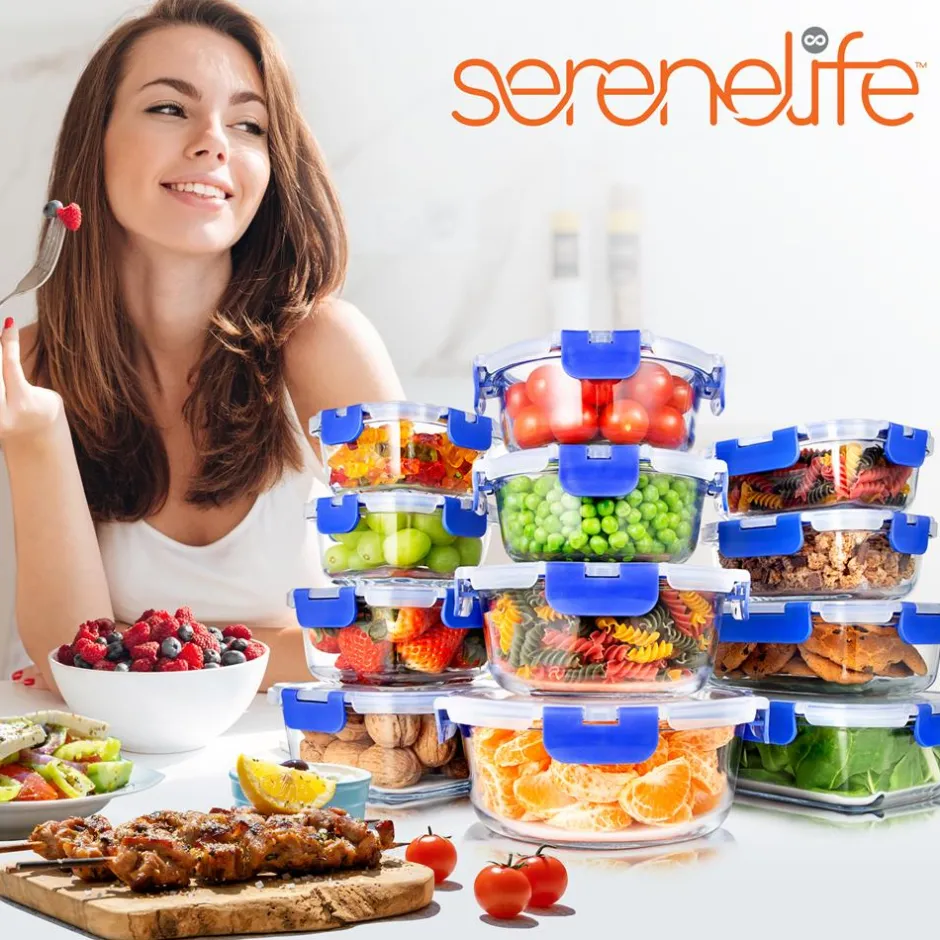 24-Piece Glass Storage Set, Leak-Proof, High Borosilicate, Blue<SereneLife Sale