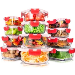 24-Piece Glass Storage Set, Leak-Proof, High Borosilicate, Red Lids<SereneLife Best