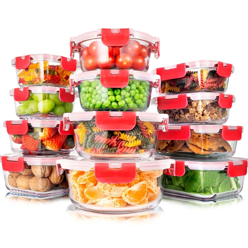 24-Piece Glass Storage Set, Leak-Proof, High Borosilicate, Red Lids<SereneLife Best