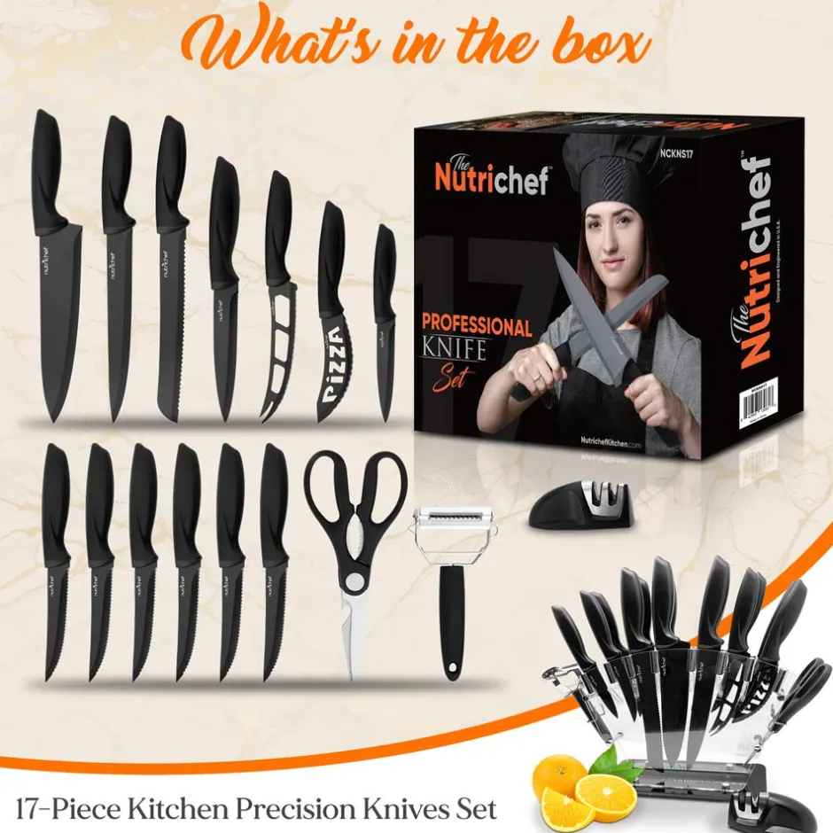 17-Piece Kitchen Knife Set - Precision Cutting - Stainless Steel - Acrylic Stand<NutriChef Hot