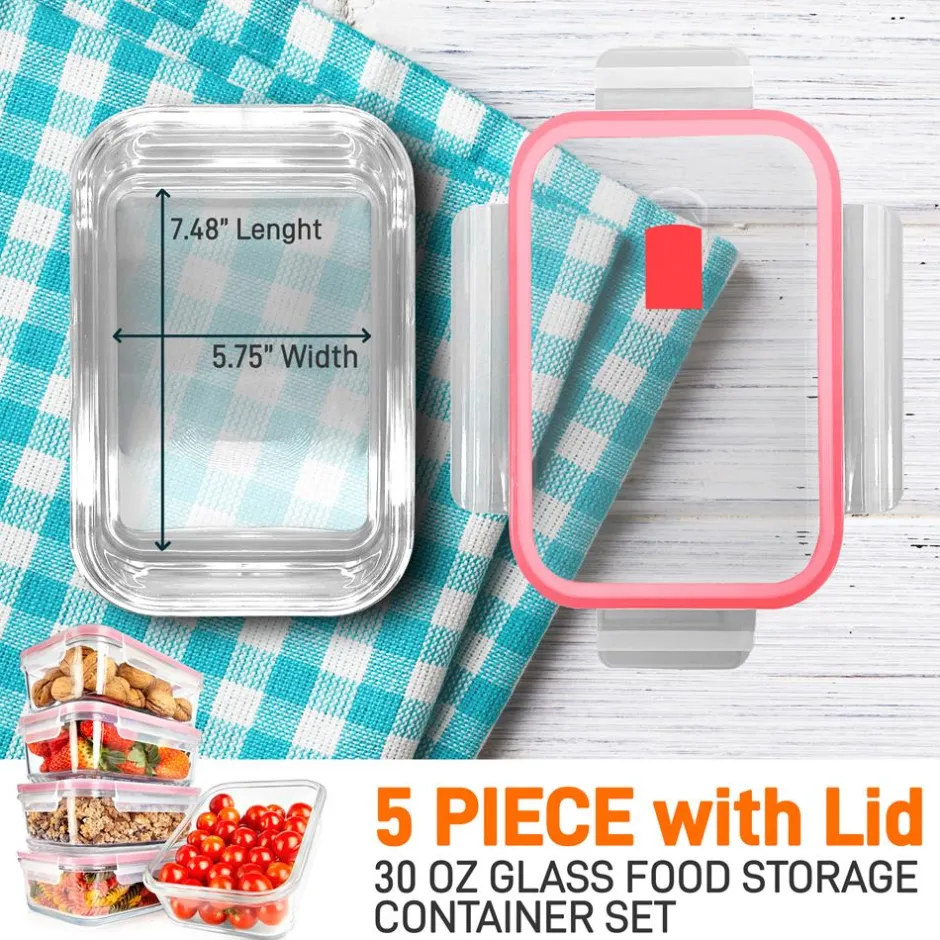10-Piece Leakproof Glass Containers Set, Freezer-to-Oven Safe, Red<NutriChef