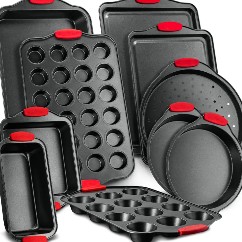 10-Piece Nonstick Bakeware Set, Easy Clean Carbon Steel, Red Handles<NutriChef Discount