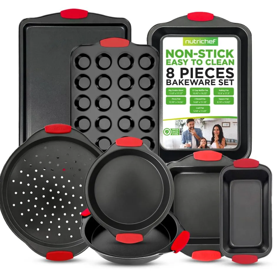 8-Piece Nonstick Bakeware Set, Carbon Steel, Red Silicone Handles<NutriChef Discount