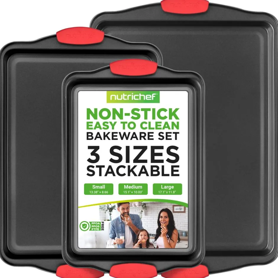 3-Piece Nonstick Baking Pan Set - Easy Clean Carbon Steel 0.4mm, Red Handles<NutriChef Clearance
