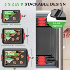 3-Piece Nonstick Baking Pan Set - Easy Clean Carbon Steel 0.4mm, Red Handles<NutriChef Clearance