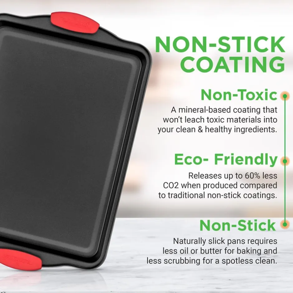 3-Piece Nonstick Baking Pan Set - Easy Clean Carbon Steel 0.4mm, Red Handles<NutriChef Clearance
