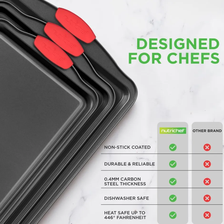 3-Piece Nonstick Baking Pan Set - Easy Clean Carbon Steel 0.4mm, Red Handles<NutriChef Clearance