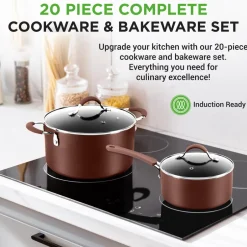 20-Piece Non-Stick Cookware Set, Even Heat, Cool-Touch Handles, Brown<NutriChef