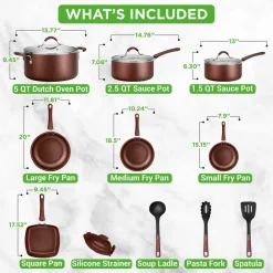 20-Piece Non-Stick Cookware Set, Even Heat, Cool-Touch Handles, Brown<NutriChef