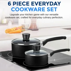 6-Piece Nonstick Cookware Set - Even Heat, Durable Coating, Black<SereneLife