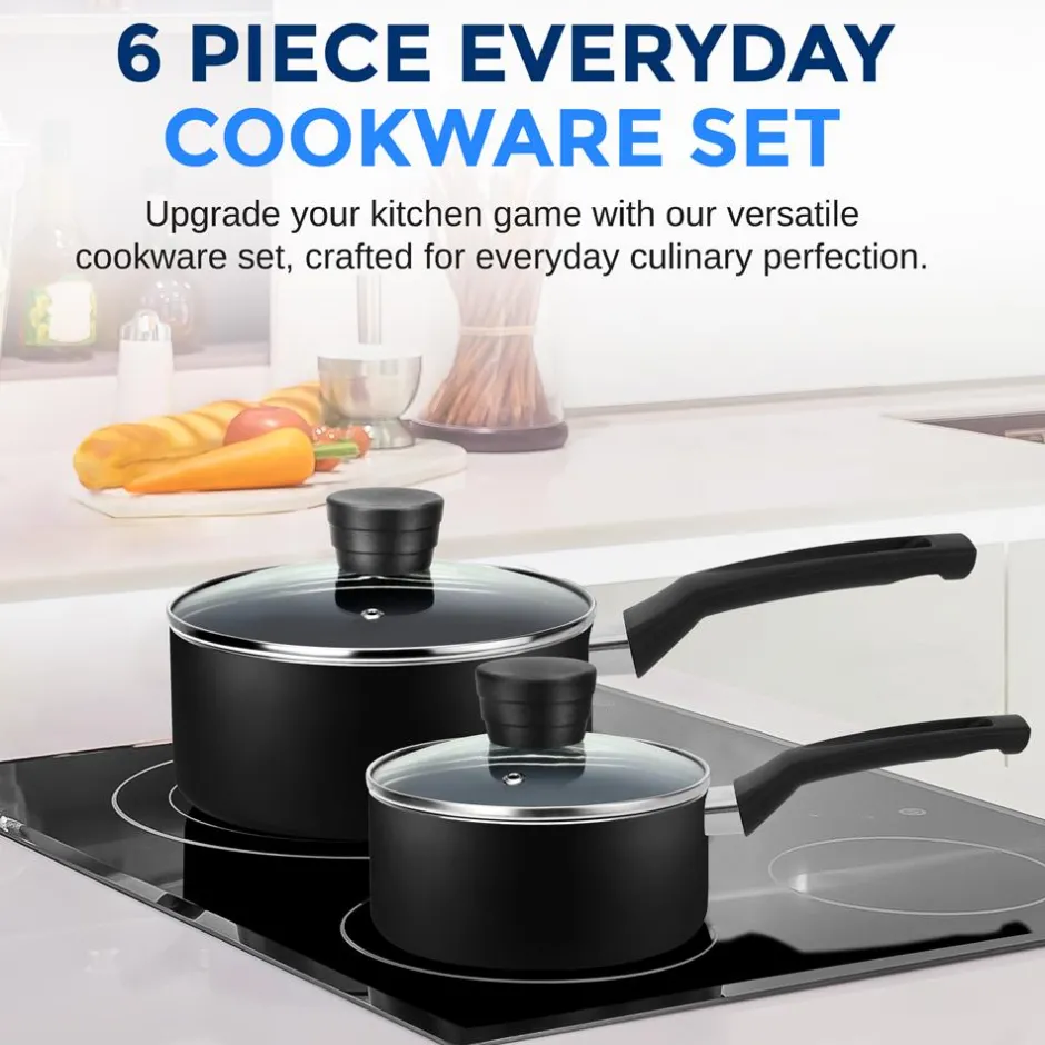 6-Piece Nonstick Cookware Set - Even Heat, Durable Coating, Black<SereneLife