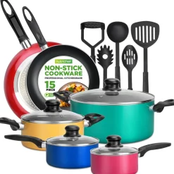 15-Piece Non-Stick Cookware Set, Even Heat, Colorful Lacquer Finish<NutriChef Online