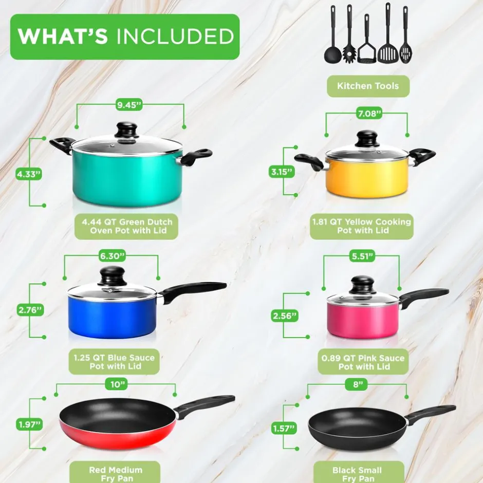 15-Piece Non-Stick Cookware Set, Even Heat, Colorful Lacquer Finish<NutriChef Online