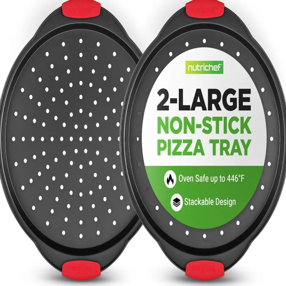 2-Piece Nonstick Pizza Tray Set, Easy Release, Carbon Steel, Gray<NutriChef Hot