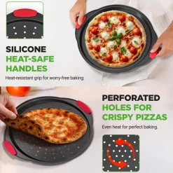 2-Piece Nonstick Pizza Tray Set, Easy Release, Carbon Steel, Gray<NutriChef Hot
