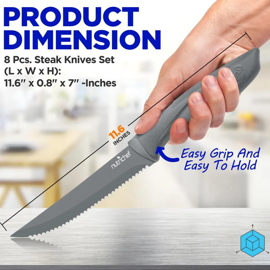 8-Piece Steak Knife Set - Long-Lasting Sharpness, Non-stick Stainless Steel<NutriChef Outlet