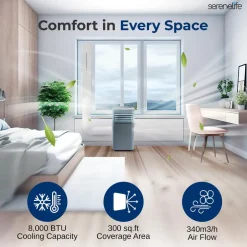 Portable Air Conditioner 8000 BTU Efficient Cooling Gray with Remote<SereneLife Best