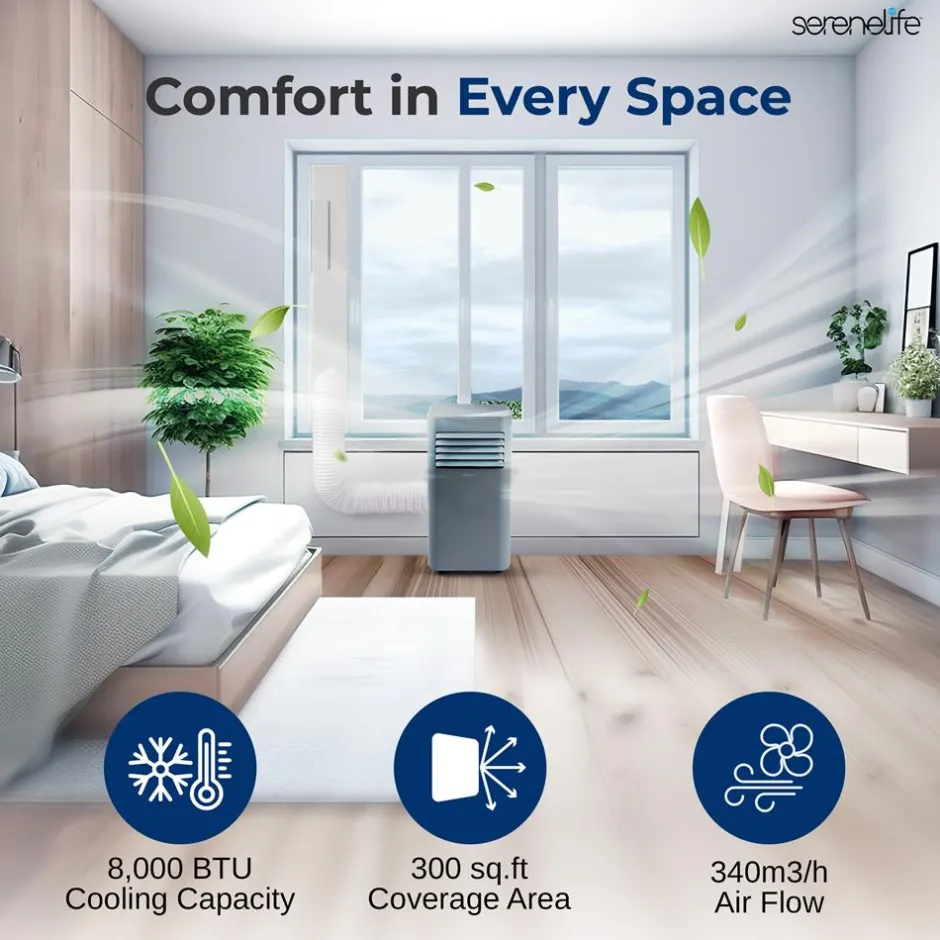 Portable Air Conditioner 8000 BTU Efficient Cooling Gray with Remote<SereneLife Best