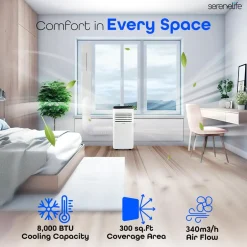 Portable Air Conditioner 8000 BTU Efficient Cooling White<SereneLife New