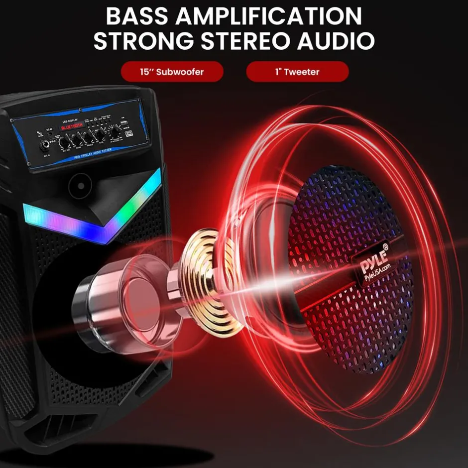 Portable Bluetooth PA Speaker 1200W Rechargeable 15" Subwoofer Party Lights<Pyle Hot