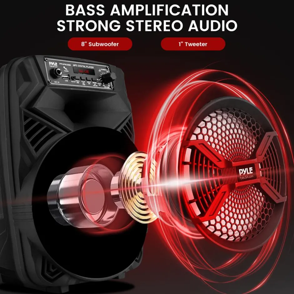 Portable Bluetooth PA Speaker 300W Rechargeable 8" Subwoofer 3-ohm Party Lights<Pyle Sale