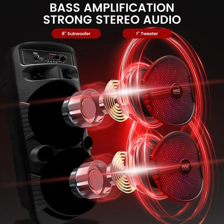 Portable Bluetooth PA Speaker 600W Rechargeable Dual 8" Subwoofer Party Lights<Pyle Discount
