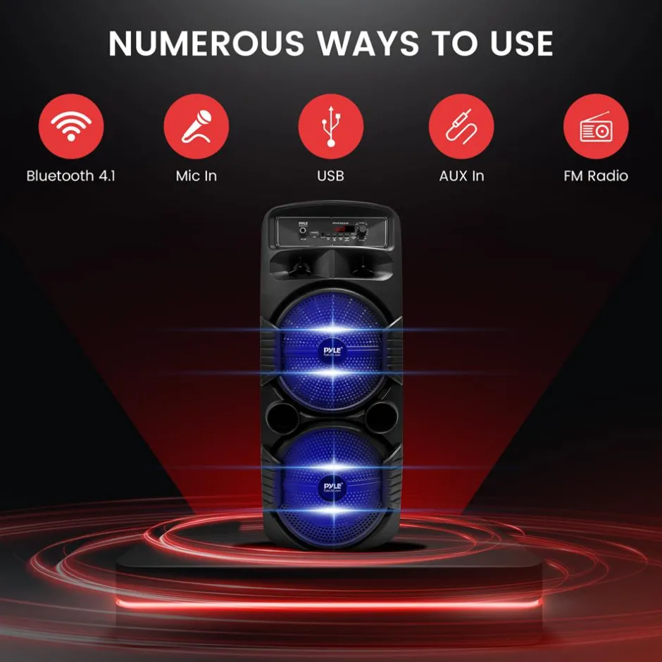 Portable Bluetooth PA Speaker 600W Rechargeable Dual 8" Subwoofer Party Lights<Pyle Discount