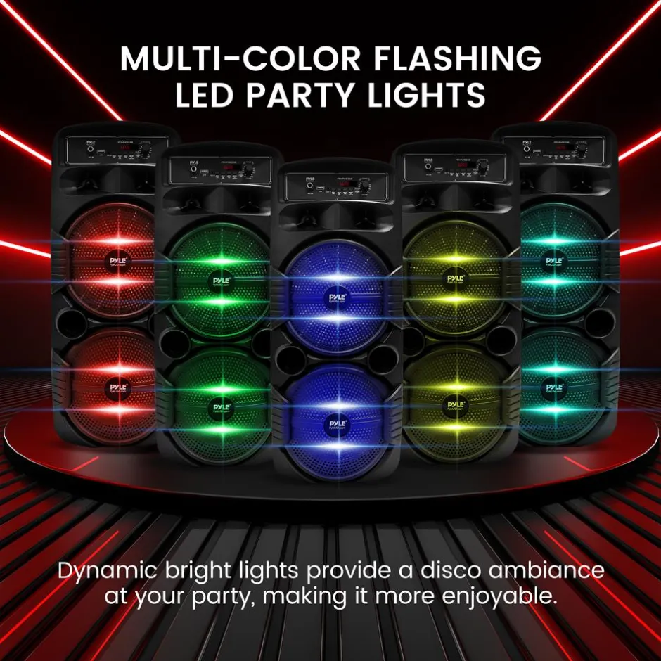 Portable Bluetooth PA Speaker 600W Rechargeable Dual 8" Subwoofer Party Lights<Pyle Discount