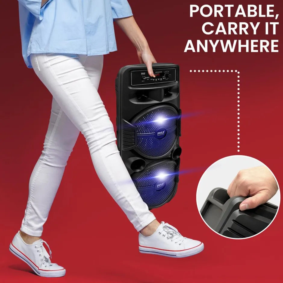 Portable Bluetooth PA Speaker 600W Rechargeable Dual 8" Subwoofer Party Lights<Pyle Discount