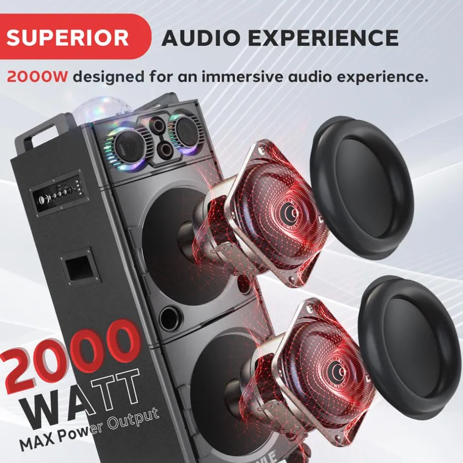 Portable Bluetooth PA Speaker 2000W, DJ Lights, Wireless Mic, USB/SD, Wheels<Pyle Sale